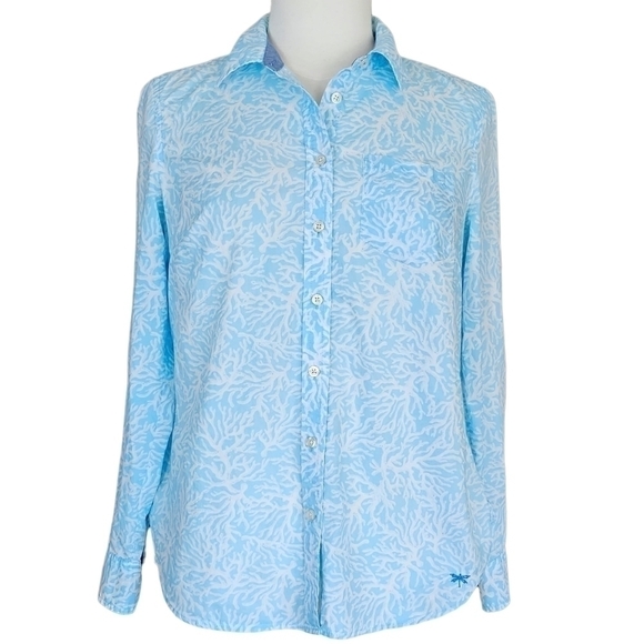 TALBOTS Coastal Coral Reef Button Down Shirt Blue White Size S - Picture 1 of 15